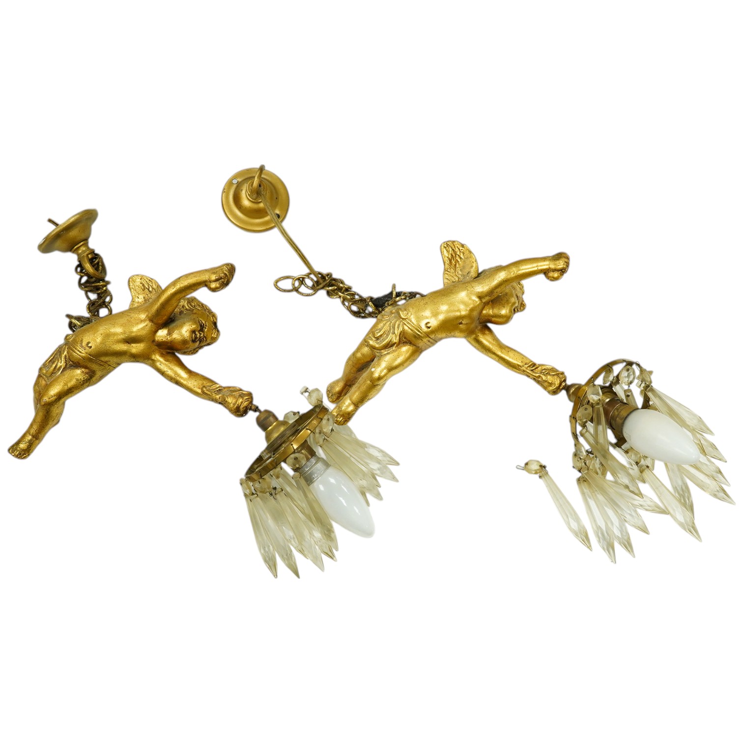 A pair of gilt plaster hanging ‘cherub’ lustre drop light fittings, 24cm long. Condition - fair to good